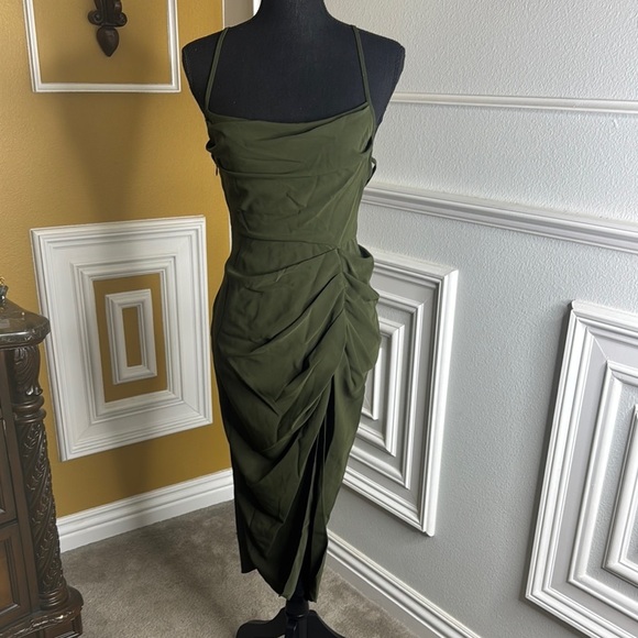 Elegant Olive Green Ruched Dress - Picture 1 of 9